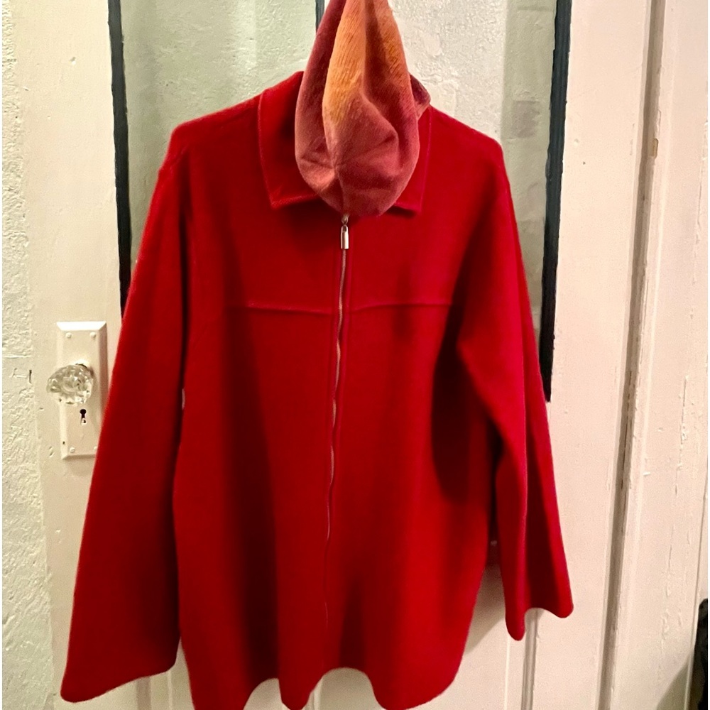 Red Wool Zippered Sweater Jacket Coat 1X - Picture 3 of 8